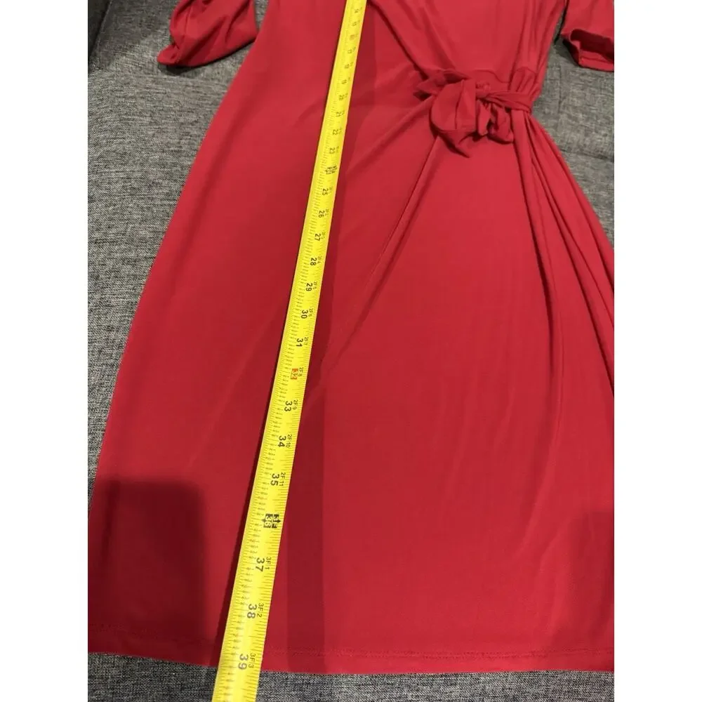NWT Kasper Fire Red Midi Sheath Dress 3/4 Sleeve Side Tie Stretchy Romantic S